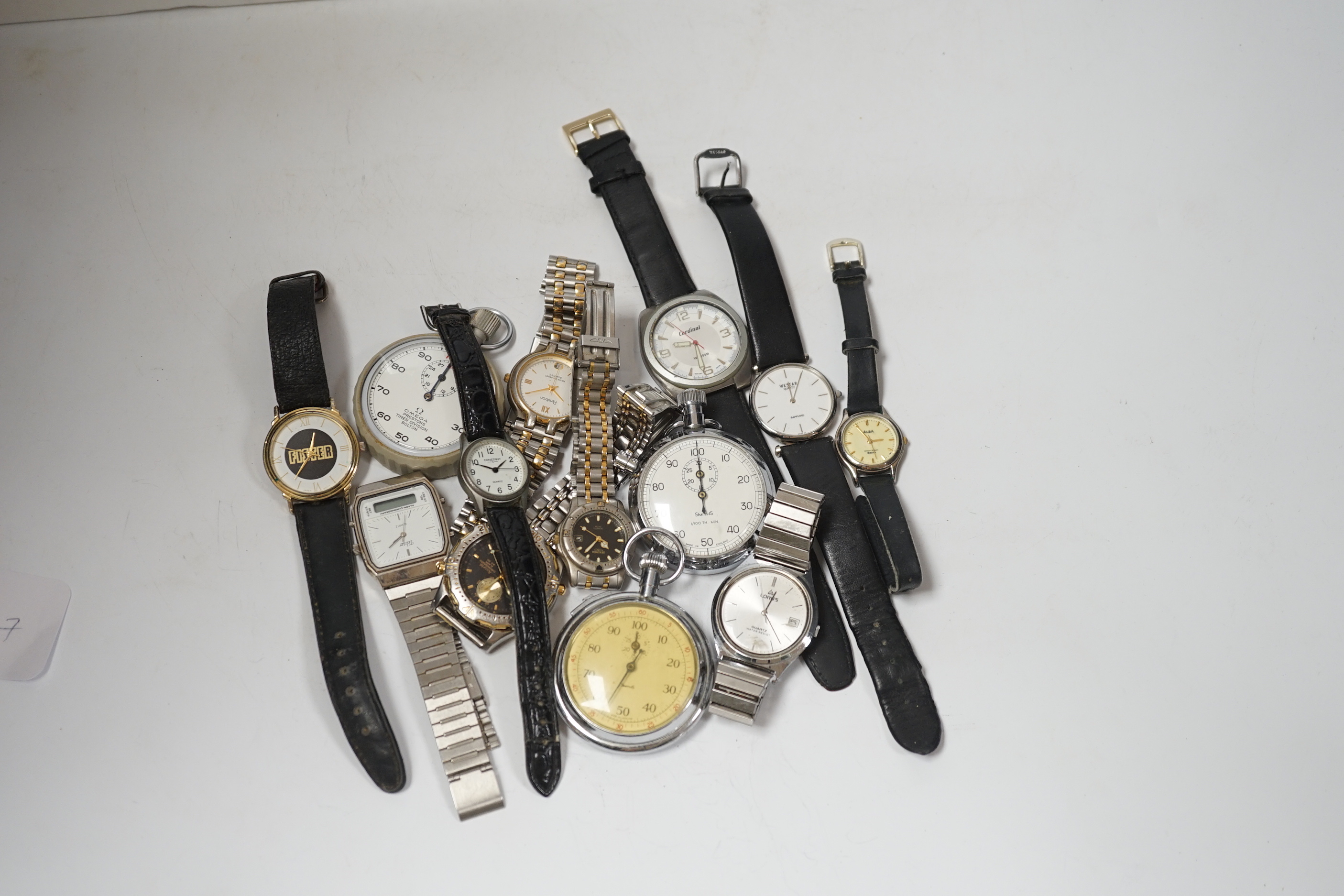 A quantity of assorted gentleman's and lady's mainly modern wrist watches including Astron Solar, Rotary, Accurist, Lorus, Seiko etc. and for stop watches including Omega Prestons Timer Division Boton.